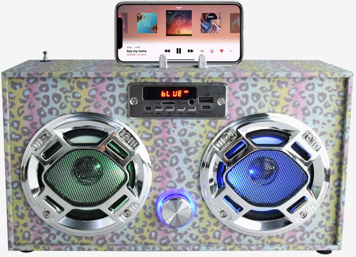Bluetooth FM Radio W LED Speakers Leopard Glitter Boombox
