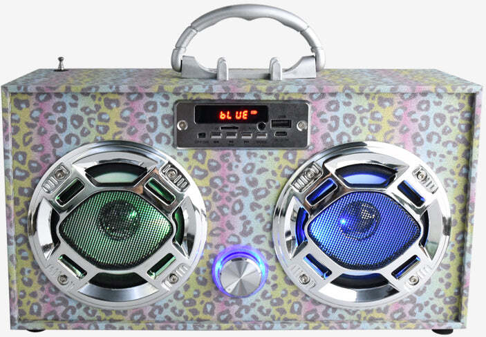 Bluetooth FM Radio W LED Speakers Leopard Glitter Boombox