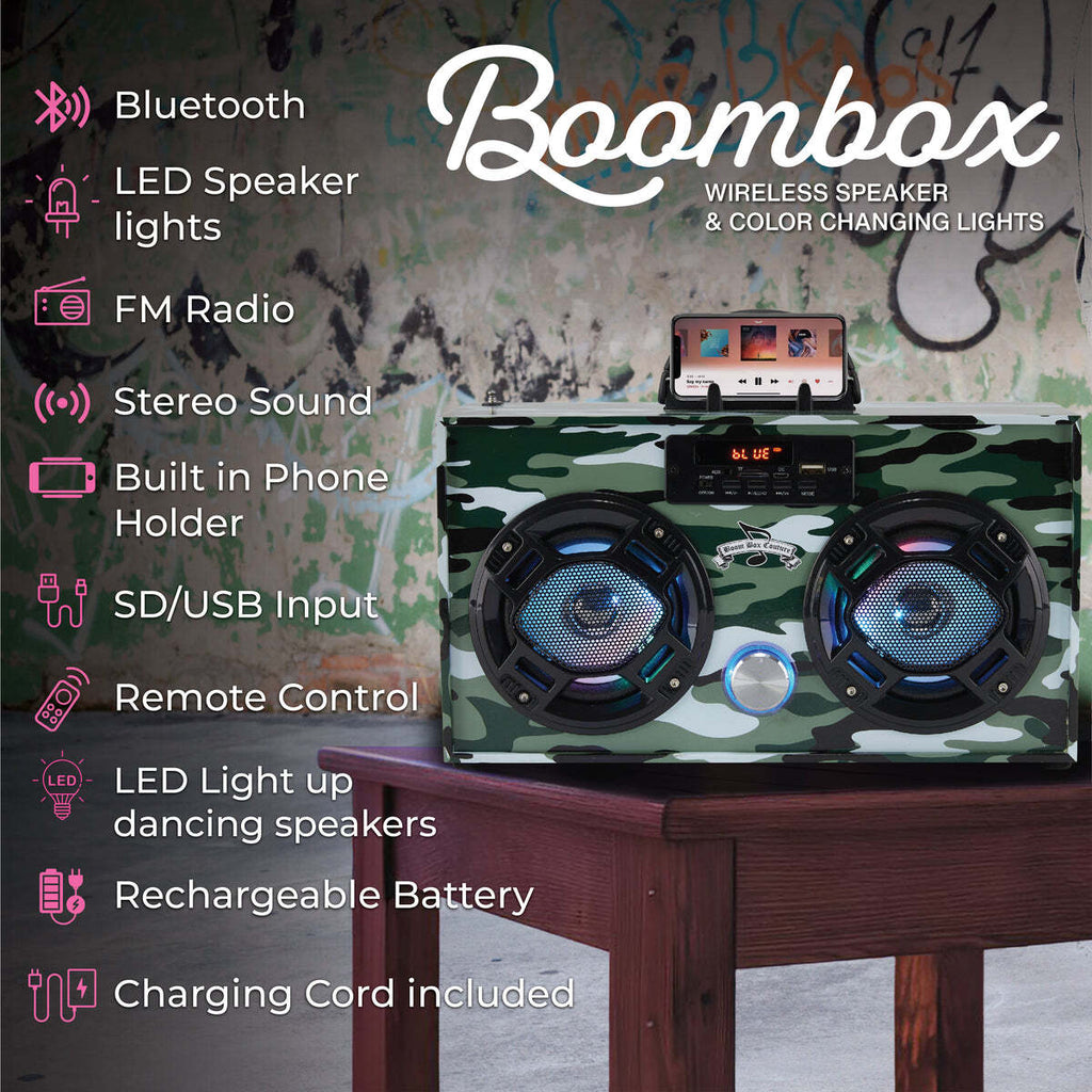 Bluetooth FM Radio W LED Speakers Green Camo Boombox